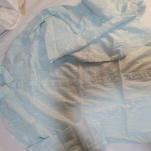 Victoria's Secret Iridescent Light Blue Button-Up Set Long Top L Bottoms M